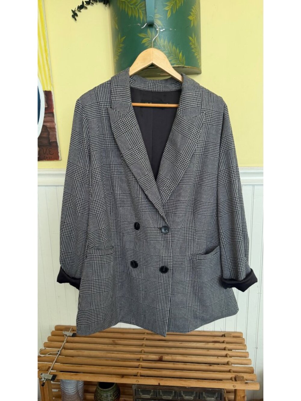 Studio By Torrid Womens Double-Breasted Plaid Blazer Size 2 Black & White Check